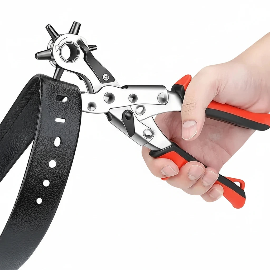 Hand using the IronGrip leather hole punch on a black leather strap